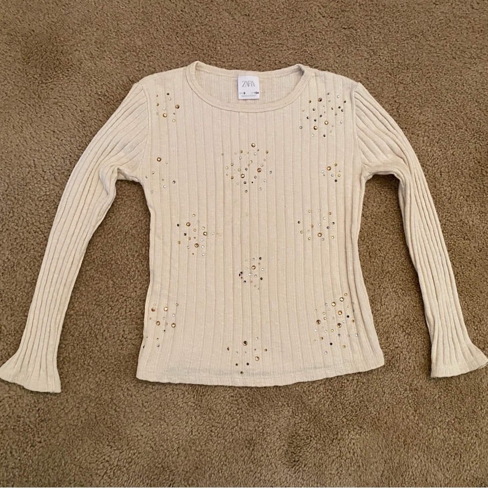 Zara Kids/Girl Cream Ribbed Sweater with Gold Accents